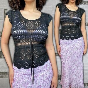 Black Knit Crochet Cap Sleeve Top